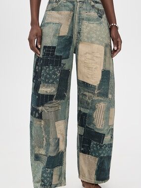 Free People Patchwork Wide Leg Jeans in Blue and Beige